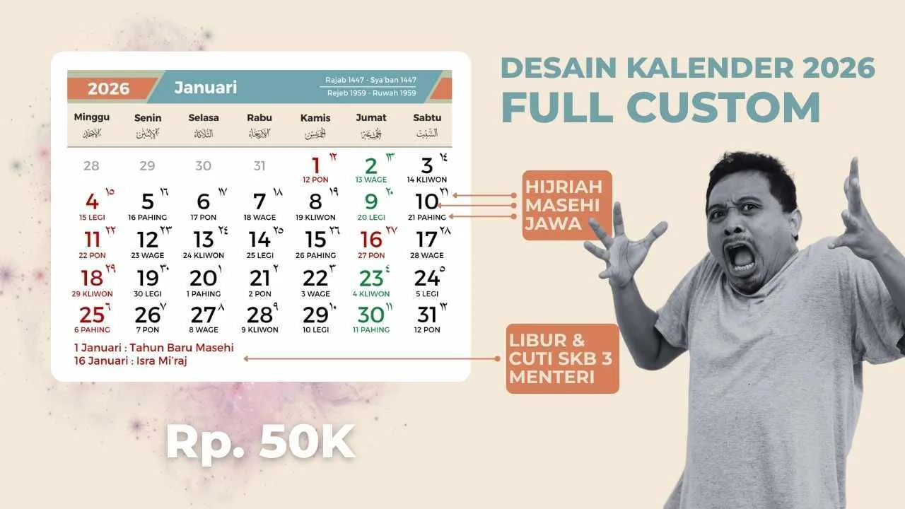 Desain Kalender 2026 Masehi + Jawa + Hijriyah (SK 3 Menteri) Lengkap — CDR, PDF &amp; PNG Siap Pakai