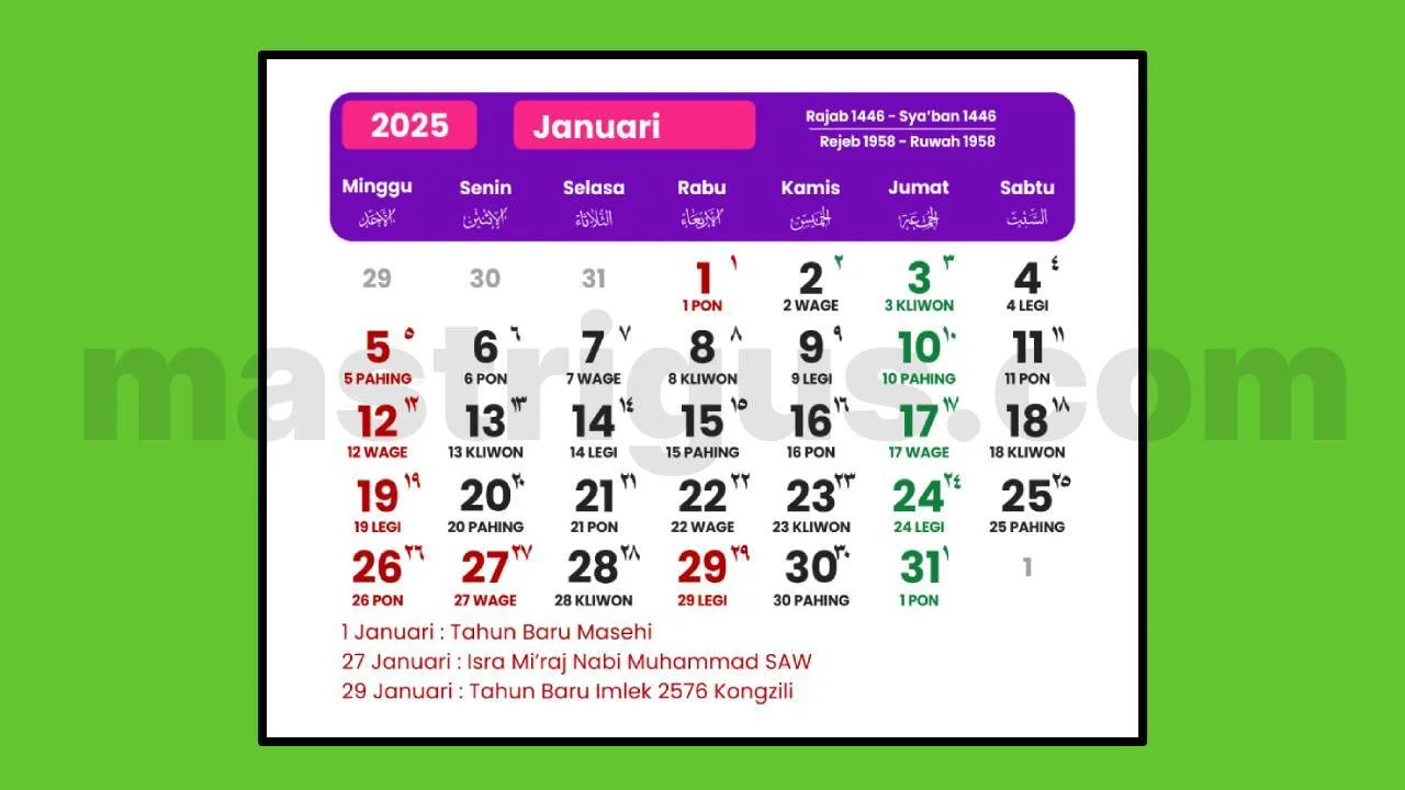 Kalender Januari 2025 Lengkap Pasaran Jawa dan Hari Libur
