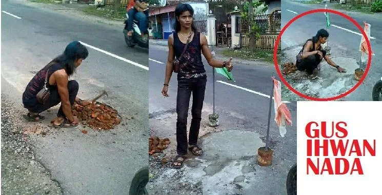 VIRAL! Perbuatan Terpuji Pemuda Tulungagung Penambal Jalan Raya Berlubang