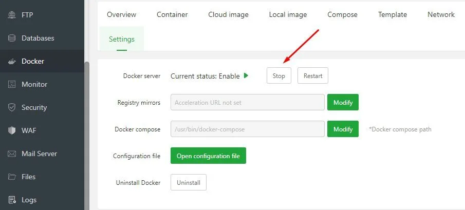 menghentikan progres docker berjalan di aapanel
