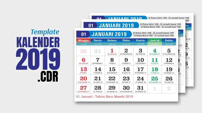 Desain Kalender 2019 CDR Lengkap: Jawa, Hijriyah, Indonesia